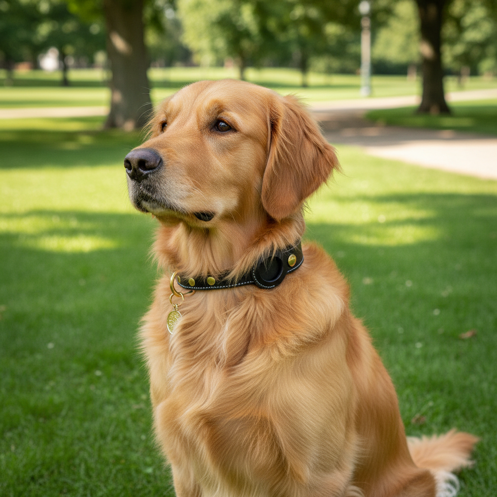 Black leather Guardian AirTag collar on a Golden Retriever