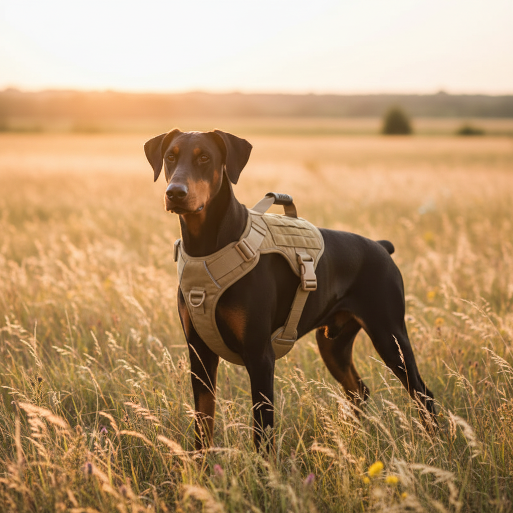 Khaki tactical Shield-Lock harness on a Doberman