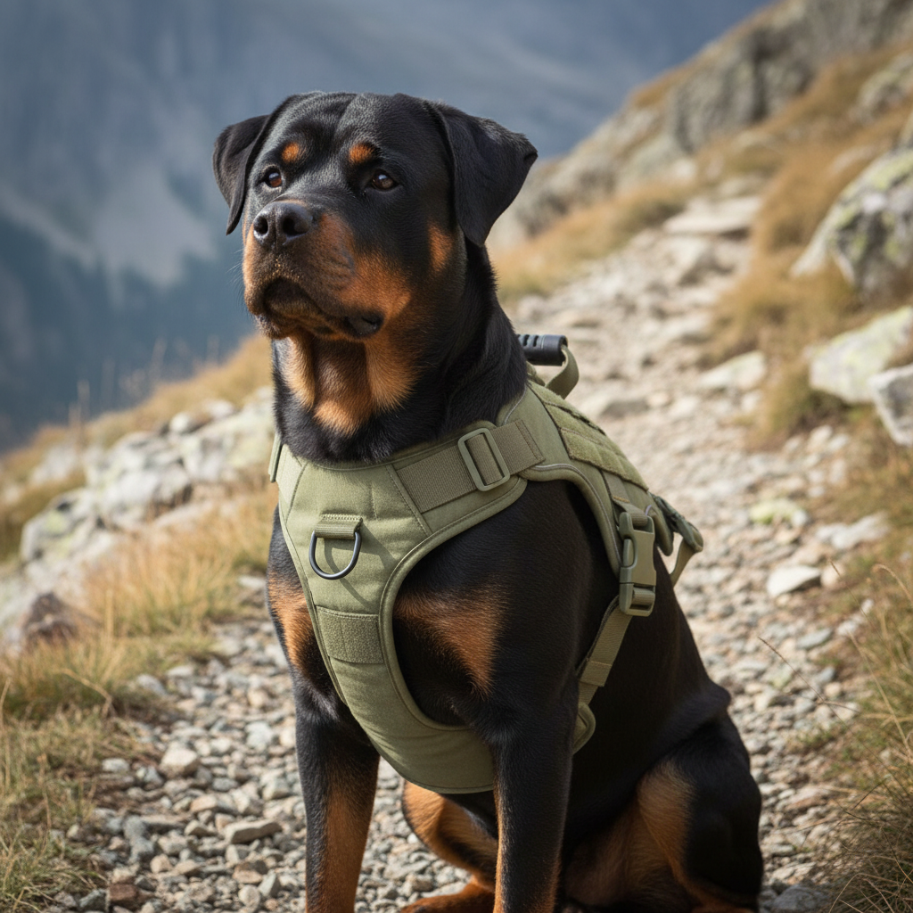 Green tactical Shield-Lock harness on a Rottweiler