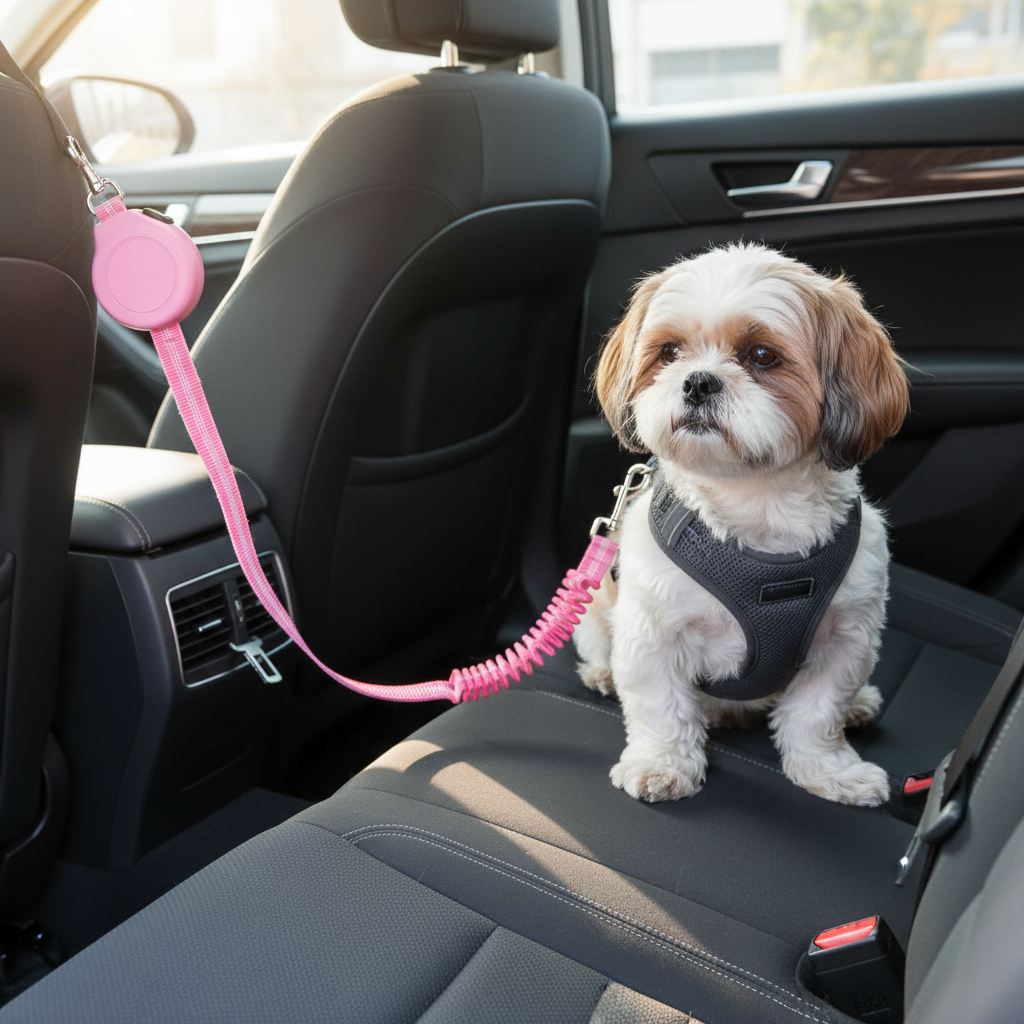 Pink Shield-Drive lead with Shih Tzu secured in car back seat