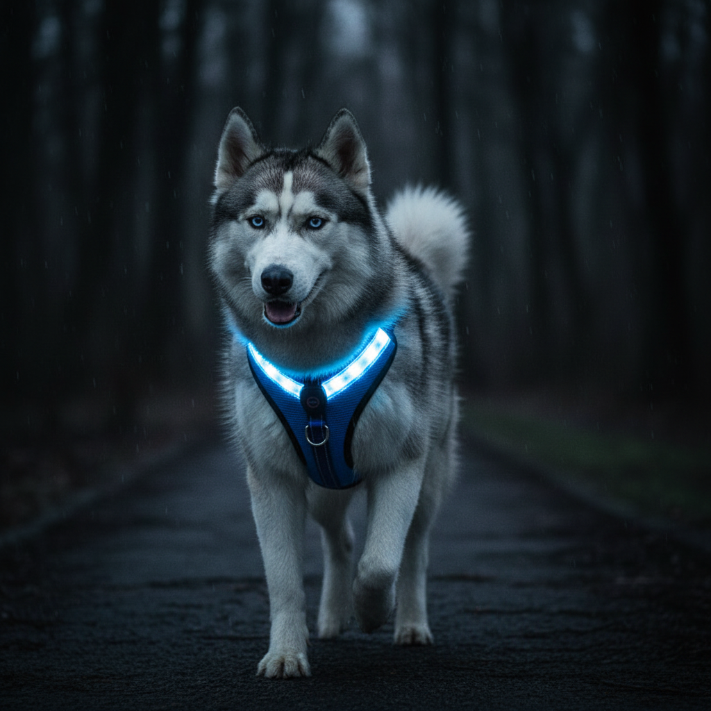 Blue Night-Shield 360 LED harness on a Husky at night, cinematic