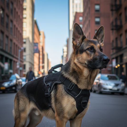 Black tactical Shield-Lock harness on a German Shepherd
